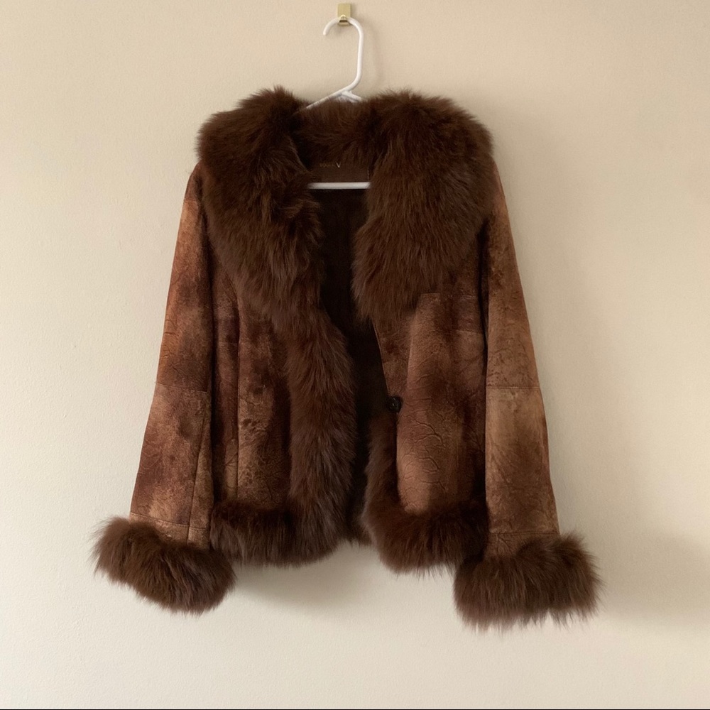 Authentic rabbit fur trim suede coat
